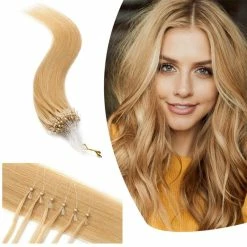Brand new 💯 Hairro Store Micro Link Human Hair Extensions Micro Ring Loop Remy Hair Piece Beads Cold Fusion Stick Tipped Hair Fish Line Natural Straight Real Hair Extension For 👩 Women 20 Inch 50g 100 Strands #24 Natural Blonde ⭐