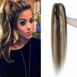 Discount 🔔 SEGO Jaw/Claw Clip Ponytail Extension Human Hair Clip In Ponytail Hair Extensions Pony Tails Hair Extensions 100% Real Remy Hair Long Straight For 👩 Women #4P27 Medium Brown&Dark Blonde 115g 18 Inch 🔥