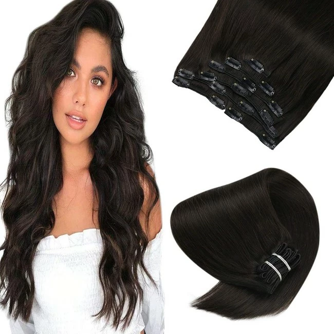 Outlet ⌛ Sunny Hair Store Sunny Brown Clip On Hair Extensions 24 Inch Brazilian Human Hair Color #2 Darkest Brown Clip In Extensions Natural Hair Soft Smooth Full Head Set 7pcs 120g 😀