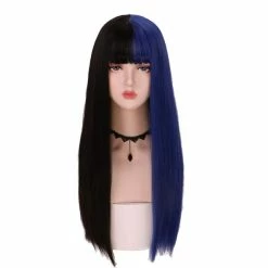 Deals 👏 SinRany Long Half Color Wig With Air Bang 🎃 Halloween Party Wig (Half Black Half Blue) 🎉