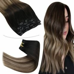 Cheapest ⌛ YoungSee Store YoungSee Clip In Hair Extensions Ombre 18 Inch Clip In Human Hair Extensions Ombre Black To Dark Brown Mix Ash Blonde Hair Extensions Clip In Ombre Human Hair 7pcs/100g 🌟