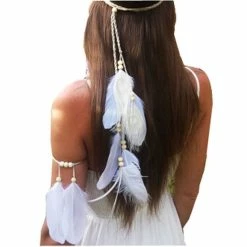 Budget ๐ Suoirblss Set Of 2 White Bohemian Feather Tassels Headband With Armband Gypsy Hippie Peacock Headwear Headdress ๐ฉ Woman Favorite Hair Accessories โจ
