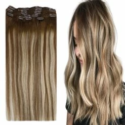 Top 10 🥰 YoungSee Store YoungSee 18inch Hair Extensions Clip In Light Brown Mixed Platinum Blonde Human Hair Clip In Extensions Full Head Remy Hair Clip Extensions Double Weft 100g/7pcs 😀