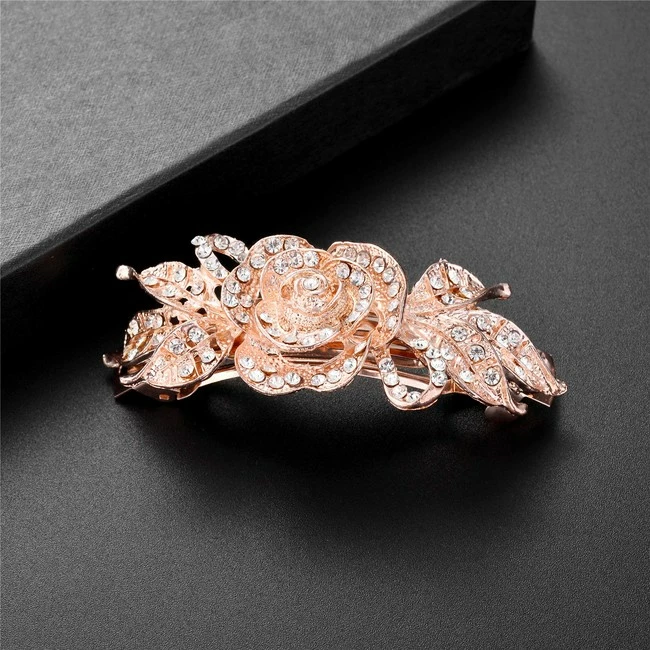 New ๐ LUX ACCESSORIES Floral Clear Crystal Rhinestones Bridal Wedding Prom Rosegold Fashion Hair Clip โญ - Image 2