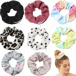 Hot Sale 🔥 DINPREY Velvet Dots Hair Scrunchie With Zipper Pouch Hair Ties Ropes Secret Zipper Pocket Scrunchies Tie Soft Stash Tie Dye Scrunchies Floral Hair Elastic Ties For Vsco Girl Stuff Scrunchies (8 Pcs) ❤️