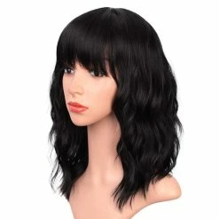 Hot Sale 😍 ENTRANCED STYLES Black Wigs With Bangs For 👩 Women 14 Inches Synthetic Curly Bob Wig For Girl Natural Looking Wavy Wigs 😀