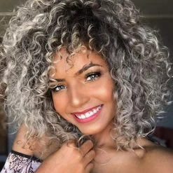 Cheap 🎁 XINRAN Black Mixd Gray Curly Afro Wig For Black 👩 Women,Short Curly Afro Wig With Bangs,Synthetic Omber Gray Full Hair Wig 14inch 😀