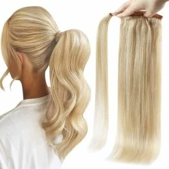 Cheap 😉 Full Shine Store Full Shine Human Hair Ponytail Clip On Hair Extensions Blonde Highlight Hair Pieces For 👩 Women 20Inch Drawstring Ponytail Hair Extensions Real Human Hair Wrap Around Ponytail 80Gram 😍