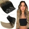 Best Sale 👏 YoungSee Store YoungSee Clip In Hair Extensions Ombre Brown Clip Hair Extensions Human Hair Double Weft Ombre Hair Clip In Extensions Darkest Brown To Medium Brown With Blonde 18inch 7pcs 100gram 👏