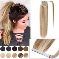 Cheapest 🛒 Hairro Ponytail Extensions 100% Human Hair 20 Inch Highlight Wrap Up Ponytail Hairpieces For 👩 Women Golden Brown Mix Bleach Blonde Long Straight Magic Paste Pony Tail With Comb Balayage #12/613 😍