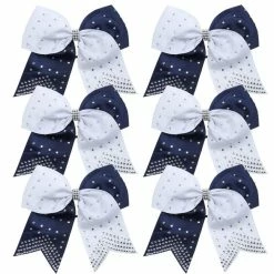 Brand new 🔥 ICObuty 8 Inch 2 Colors Cheerleader Bows Ponytail Holder With Bling Fling Rhinestones Hair Tie Cheerleading Bows 6 Pcs (Navy Blue/White) 🎁