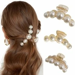 Best Sale 🧨 Urieo 3PCS Large Pearl Hair Claw Clips Nonslip Acrylic Hair Barrette Jaw Clamp For Thick Hair Strong Hold Hair Clip Hair Accessories For 👩 Women And 👧 Girls ⌛