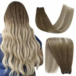 Flash Sale ❤️ YoungSee Store YoungSee Remy Weft Hair Extensions Balayage Dark Brown To Blonde With Dark Ash Blonde Hair Weft Extensions Sew In Remy Hair Double Weft Hair Extensions 18in 100g 🌟