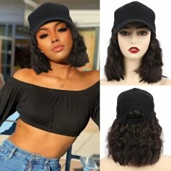 Discount 🛒 CHRSHN Hat Wig For 👩 Women Short Wave ⚾ Baseball Cap Wig With Curly Hair Extensions Wig Synthetic Wave Wig Hat Adjustable Brown Black ⚾ Baseball Hat Wig 🔥
