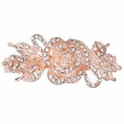 New 🎁 LUX ACCESSORIES Floral Clear Crystal Rhinestones Bridal Wedding Prom Rosegold Fashion Hair Clip ⭐