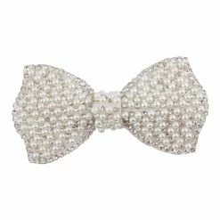 New 💯 Lux Accessories Silver Tone White Pearls Crystal Rhinestones Ribbon Bow Clips 💯