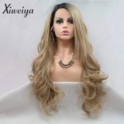 Brand new 💯 Xiweiya Wigs Long Natural Wavy Wig Dark Root Ombre Brown Blonde Synthetic Lace Front Wigs Wavy Side Part Long Blonde Hair Replacement Wig For 👩 Women, Drag Queen Makeup 20 Inch 🔥