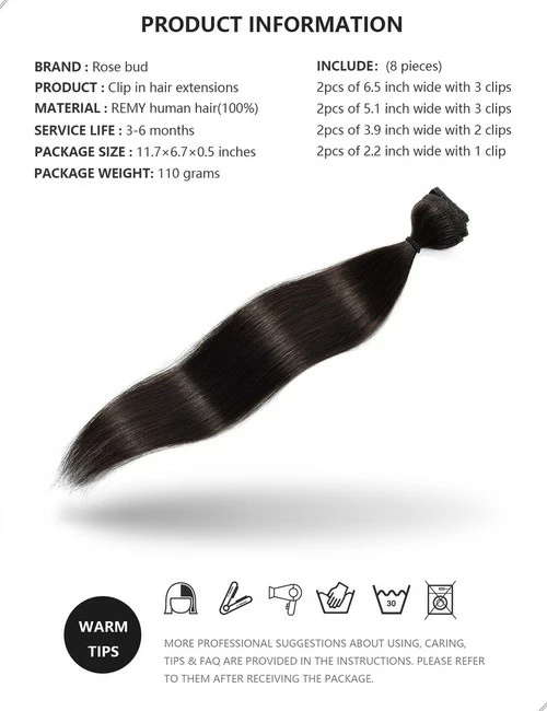 Promo 🔥 Rose Bud ROSEBUD Clip In Hair Extensions REMY Human Hair 8Pcs 18 Clips 65g/Set 16 Inch ⭐ - Image 5